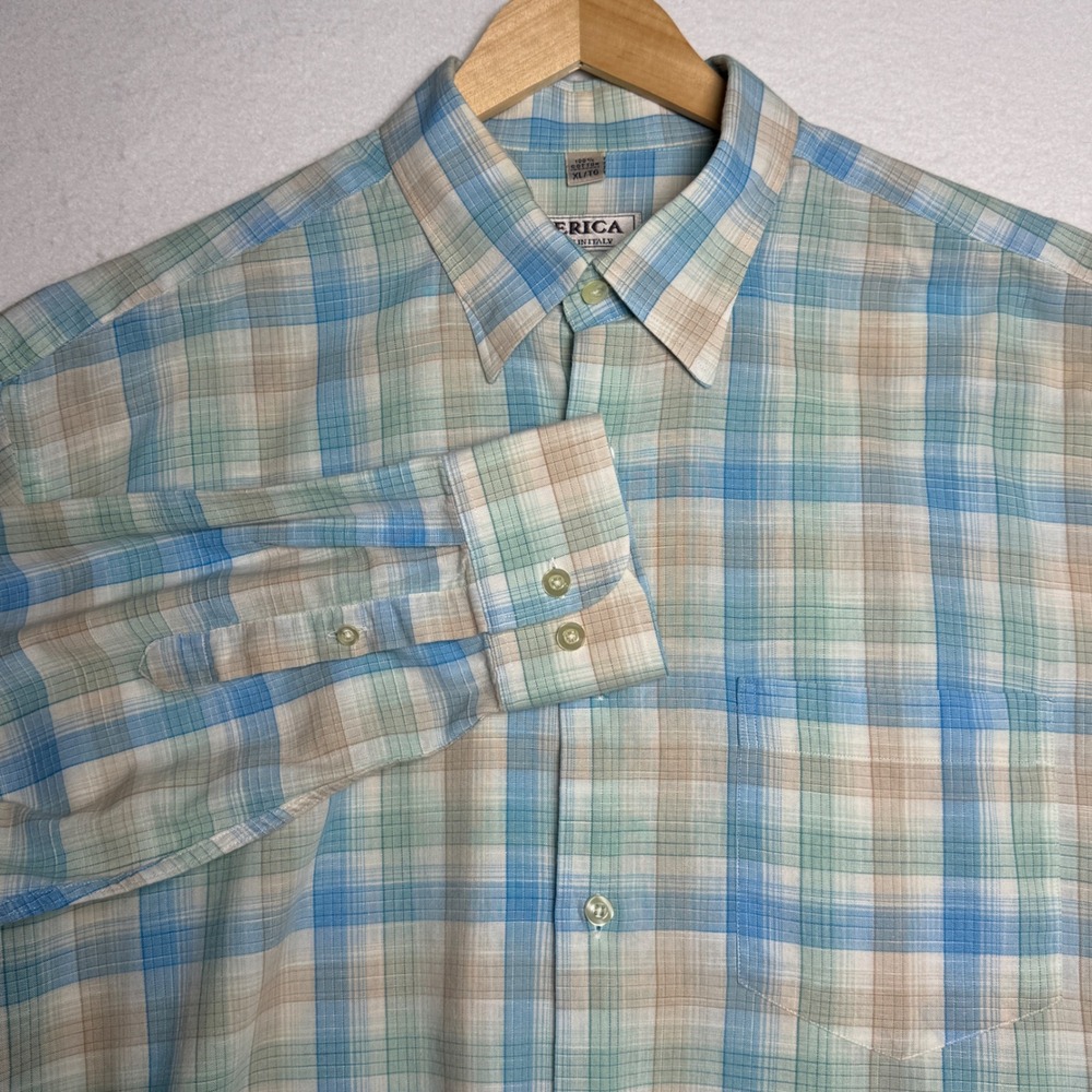 Serica Mens Plaid Button‎ Up Shirt XL Made in Italy Blue Tan Green Lightweight